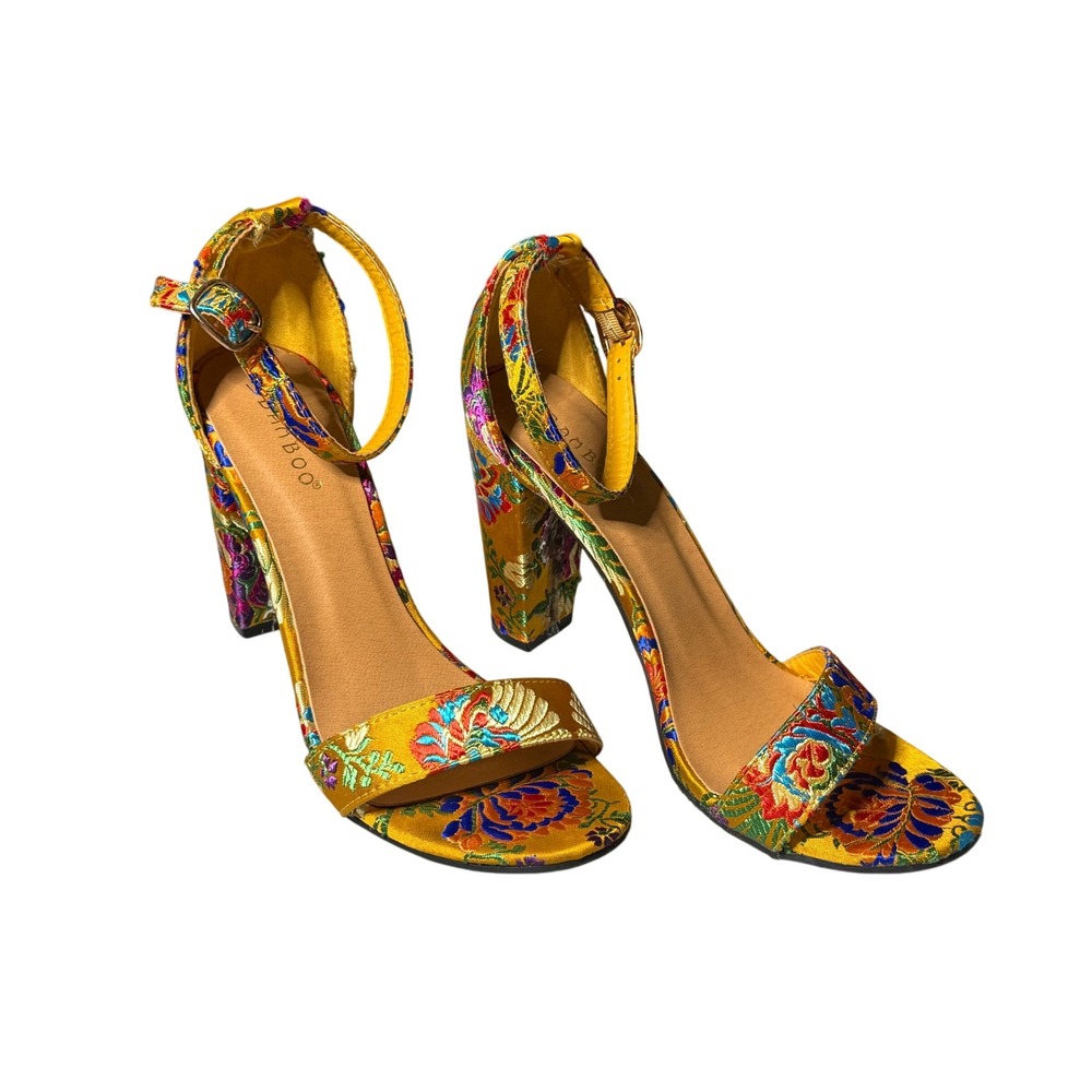 Bamboo Yellow Floral Brocade Block Heel Sandals Ankle Strap Special Occasion